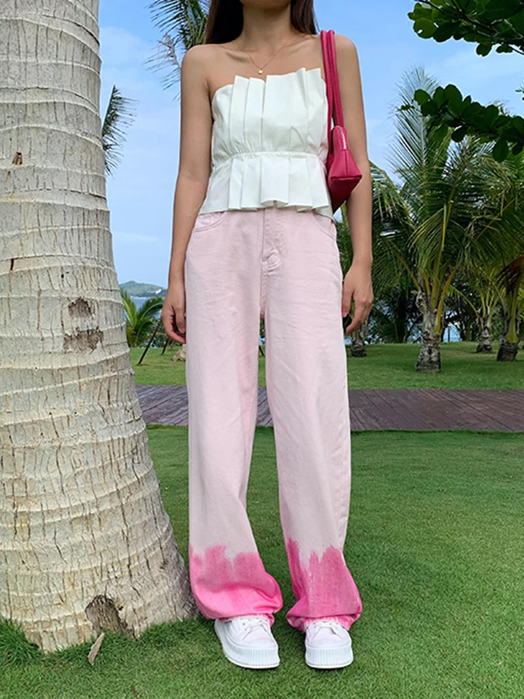 

Jeans for Women Summer Pink Tie Dye Straight Pants Denim Y2K High Waist Wide Leg Button Sweet Loose Pockets Clothe Vintage
