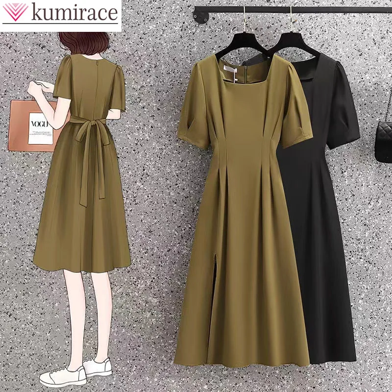 

2023 Summer New Plus Size Solid Office Pleated Dress Temperament Waist Wrapped Bow Party Dress Slim Fit Knee Length Robe