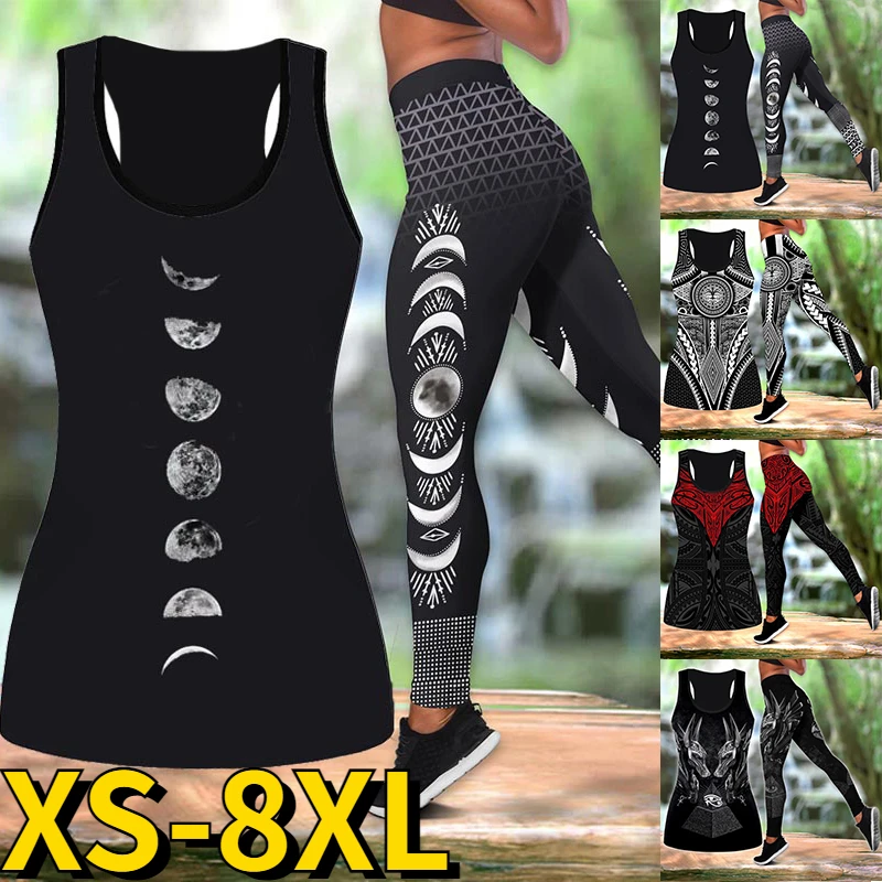 2023 New Spring High Waist 2 Piece Yoga Summer Women Round Neck Sleeveless New Design Prints Activewear Set Yoga Suit XS-8XL