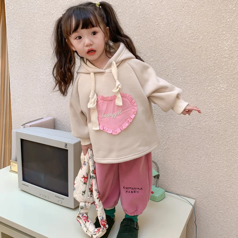 

Children Clothing 2022 Autumn Winter Baby Girl Cashmere Set Hoodie and Pants Korean Style Two Piece Sets Girls Casual Simple Set