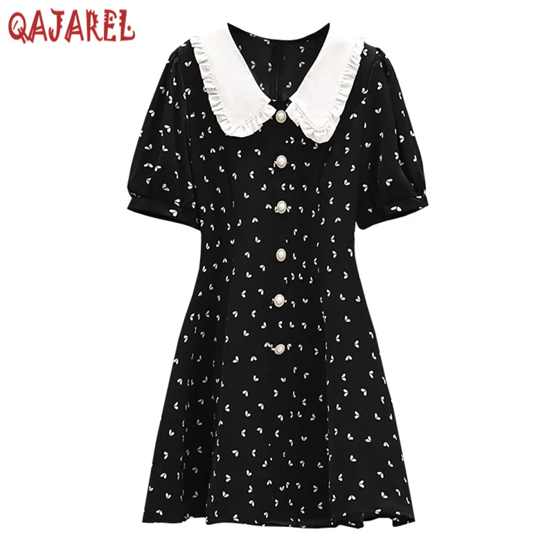 Summer Black Polka Dot Doll Collar Mini Dress Women Korean Vintage Hepburn Casaul Party Dress 2023 Elegant Bodycon Evening Dress