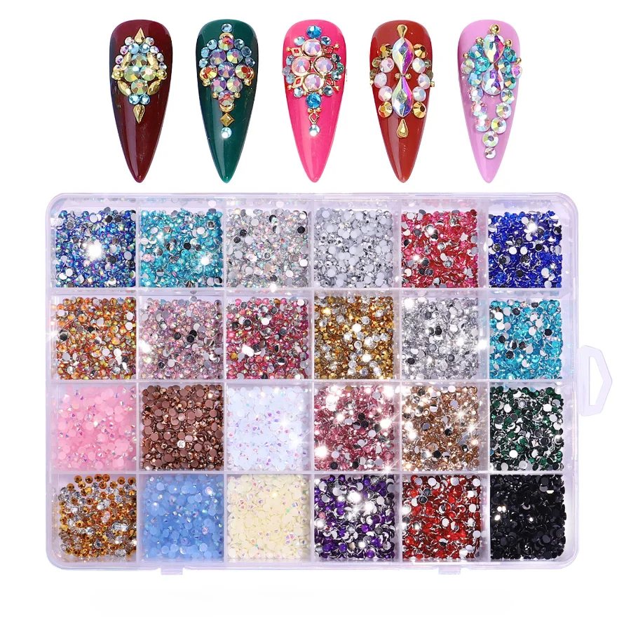 

24Girds/Box Mix Color AB Pixie Stone Resin Part Nail Rhinestones Box Round Flat Back Jelly Rhinestones Bulk for Nails