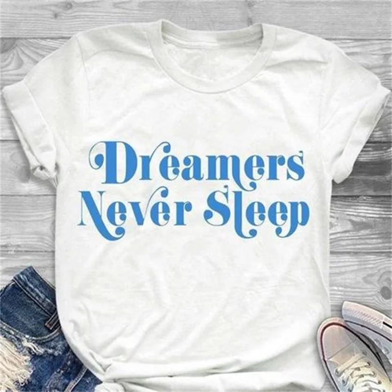 

Женская Винтажная Футболка Dreamers, белая футболка в стиле Харадзюку, с надписью Never Sleep, в стиле 90-х