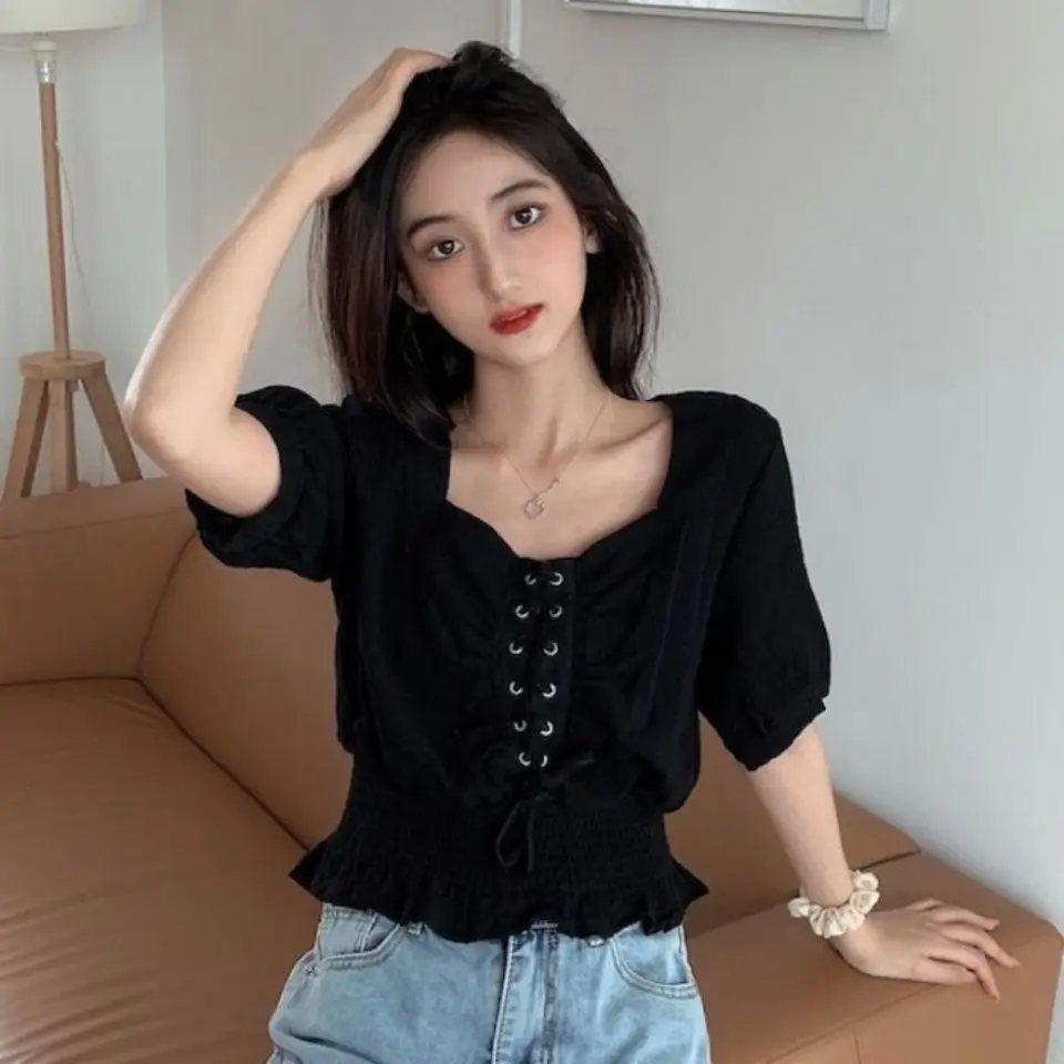 Модные белые женские блузки на завязках с пышными рукавами однотонная