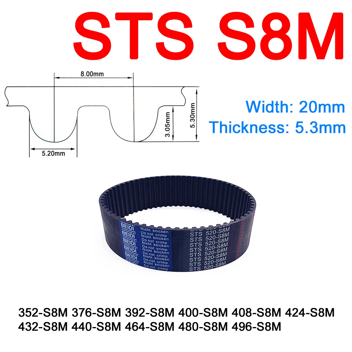 

1Pc Width 20mm S8M Rubber Arc Tooth Timing Belt Pitch Length 352 376 392 400 408 424 432 440 464 480 496mm Synchronous Belts