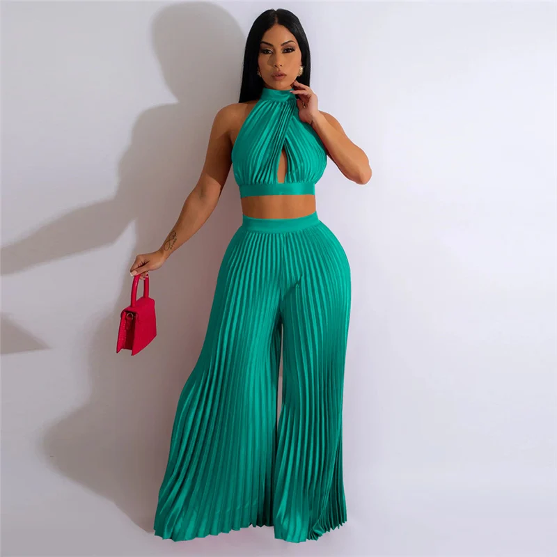 Znaiml 2023 Sexy Satin Pleated Birthday Outfits Women Matching Sets Club Party Halter Backless Crop Top and Wide Leg Pants Sets 1