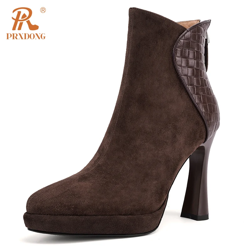 

PRXDONG New Fashion Genuine Leather Women's Ankle Boots High Heels Platform Black Brown Dress Party Work Lady Shoes Size 34-39