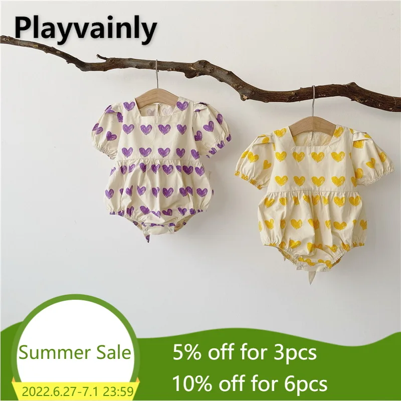 

Summer Baby Girl Korean Romper loving heart square collar Cotton short Sleeve Jumpsuit Newborn Clothing 0-2T E100165