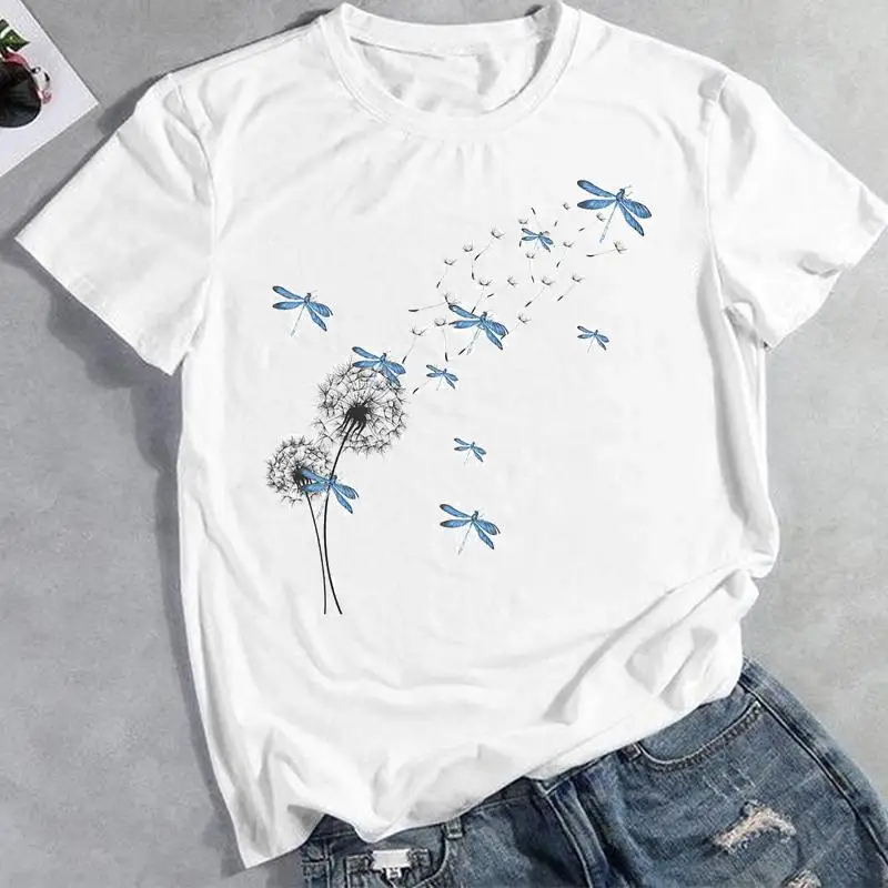 

Женская футболка с рисунком одуванчика и стрекозы в стиле 90-х с коротким рукавом