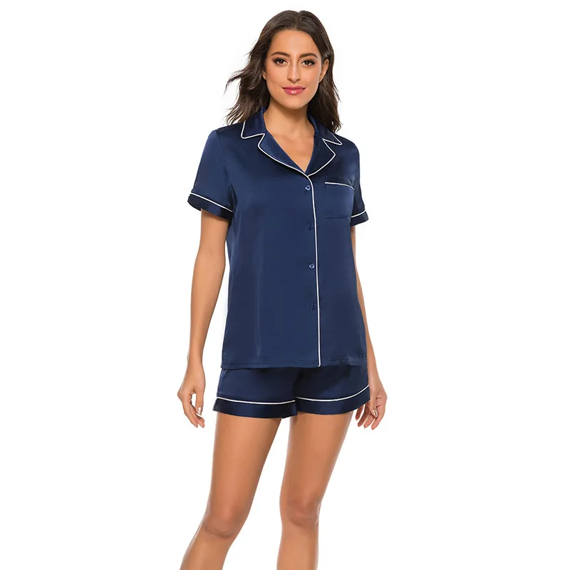 Womens Silk Satin Pajamas Pyjamas Set Short Sleeve Shirt and Shorts Pajamas Suit Home Loungewear Female Summer Two-piece Set
