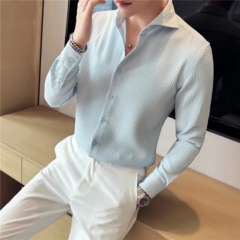2022 Autumn One Word Collar Shirts Men Long Sleeve Casual Slim Shirt Solid Color Business Dress Shirts Streetwear Tuxedo Blouse