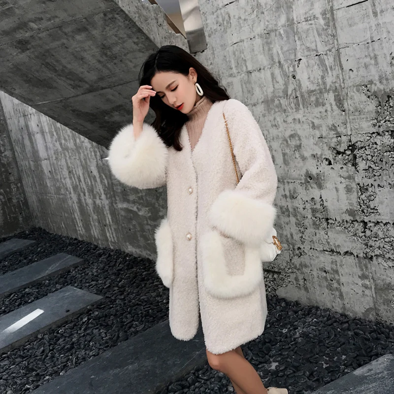 Ladies Fashion Temperament Artificial Mink Fur Trench Coat Imitation Fox Fur Coat Cardigan Pocket Single-breasted Wool Furry Top