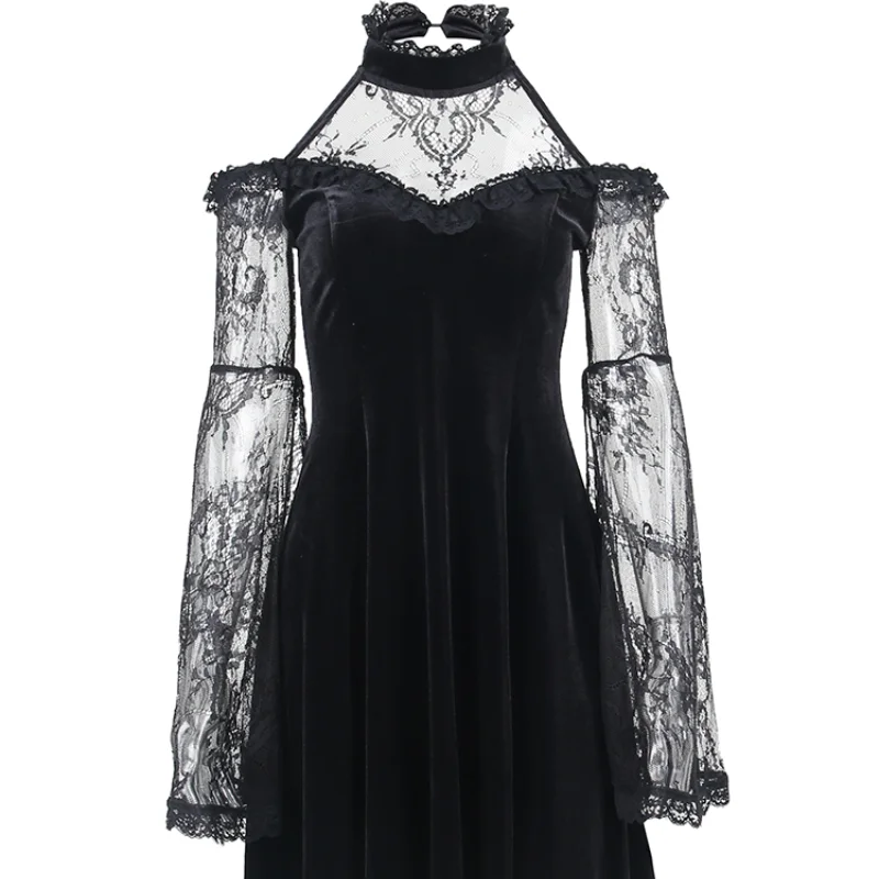 

2022 Gothic Aesthetic Punk Black Velvet Flare Sleeve Mini Dresses Fairy Grunge Ruffle Dress Sexy Off Shoulder Lace Tirm Dress
