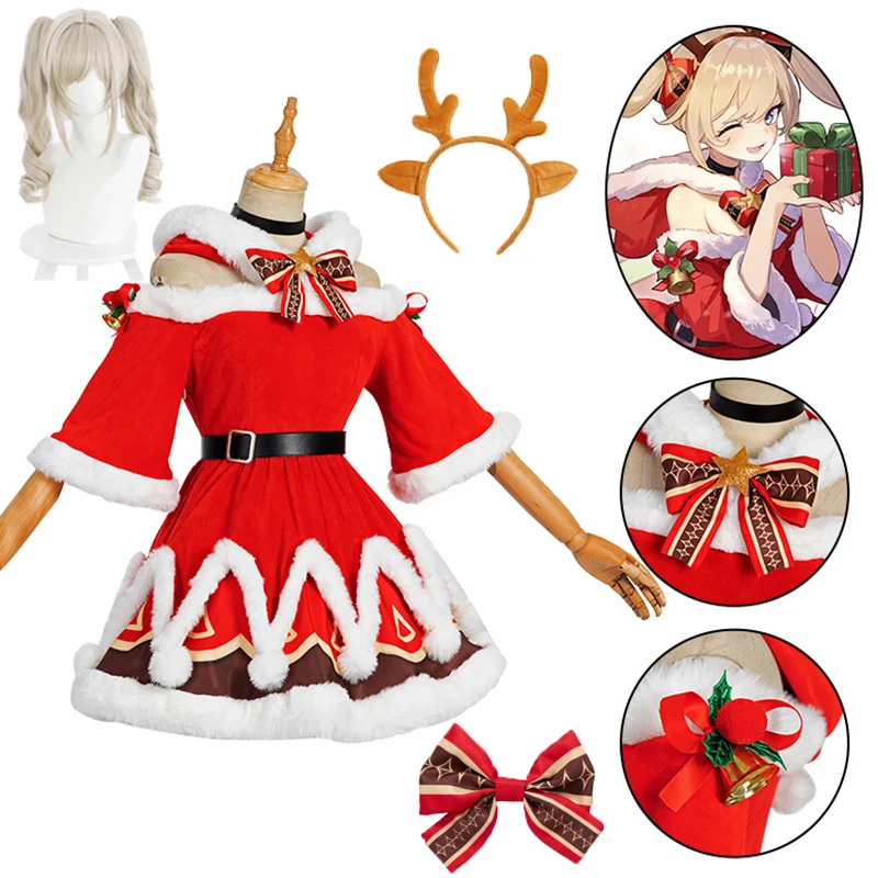 

Костюм для косплея Genshin Impact, Женский Рождественский парик Барбары, пушистое платье с рогами, Аниме игра для ролевых игр, красная высококачес...