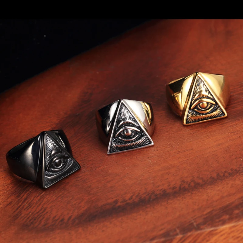 

Vintage All Seeing Eye Pyramid Illuminati Biker Ring Men Black/Gold/Silver Color Stainless Steel Punk Rings Male Masonic Jewelry