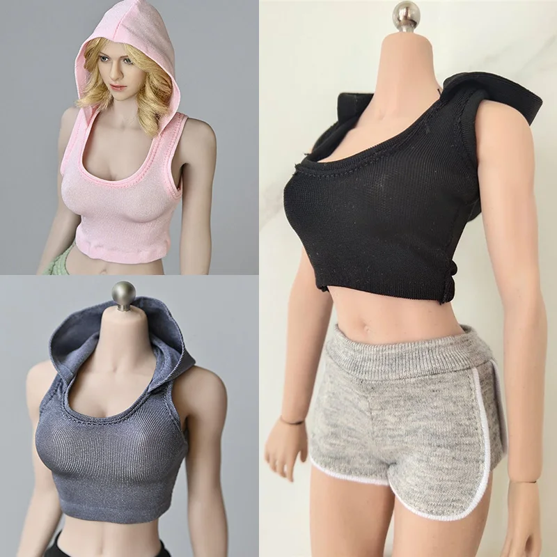 

1/6 Scale Female Soldier Casual Vest Hooded Sleeveless T-shirt Top Clothing Model for 12 Inches TBL PH Action Figures Body Toys