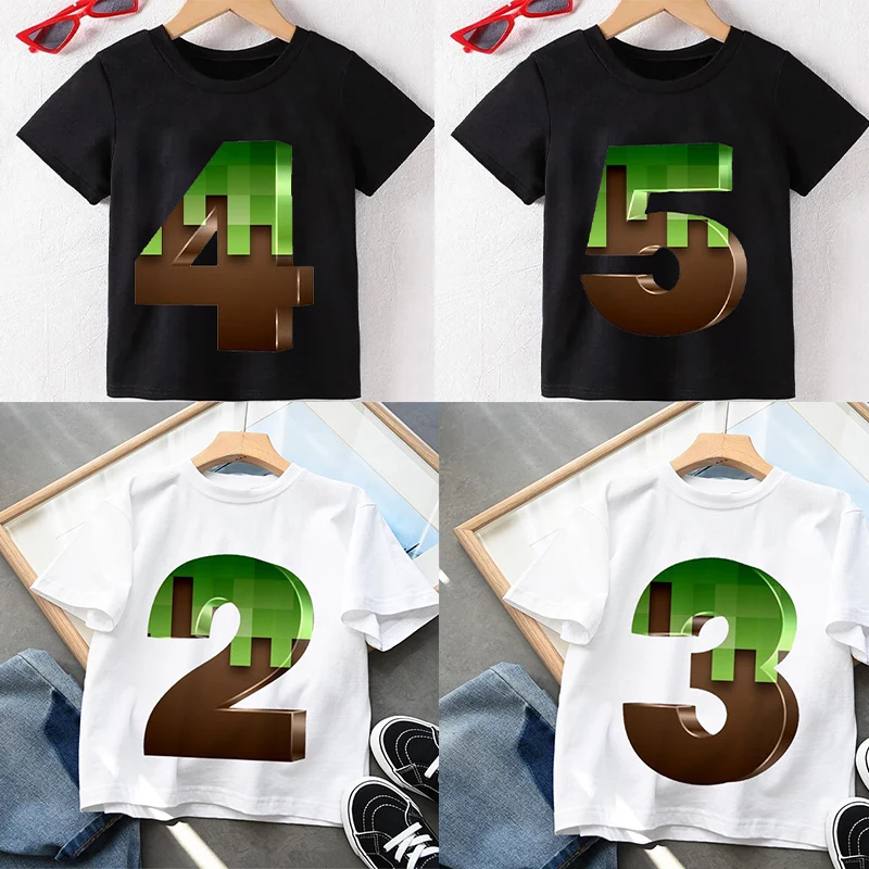 New Happy Birthda Baby Kids Cartoon Print Mc Game Number 2-9th Name Print T Shirt Children T-shirts Boy&Girl Gift Tshirt Present