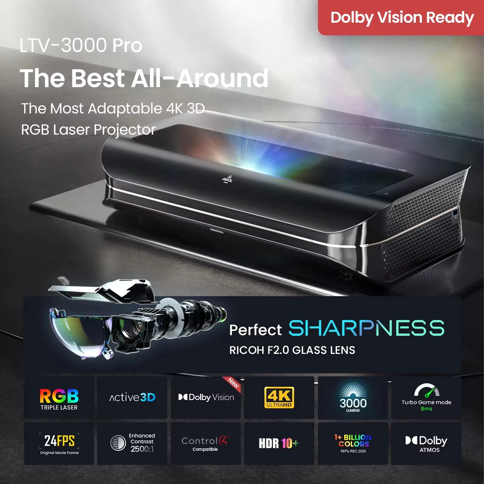 Фото Лазерный проектор AWOL 3000 Pro Ultra Short Throw 4K HDR10 с тройным лазером для домашнего кинотеатра №5