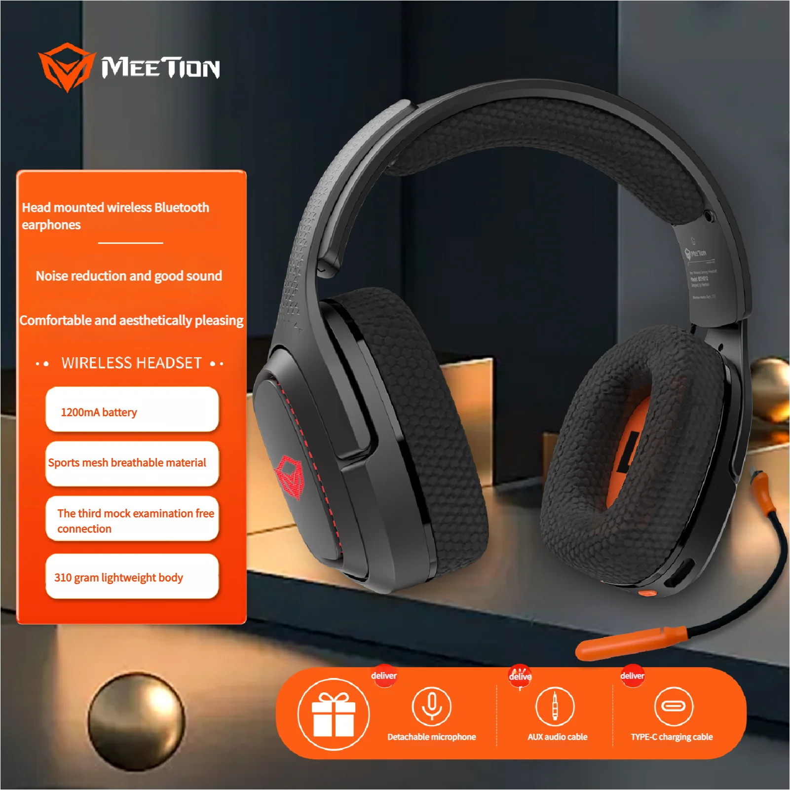 Фото Наушники с тремя режимами зарядки, Bluetooth с микрофоном, беспроводной USB7.1, Meetion Mishen Bth012 №1
