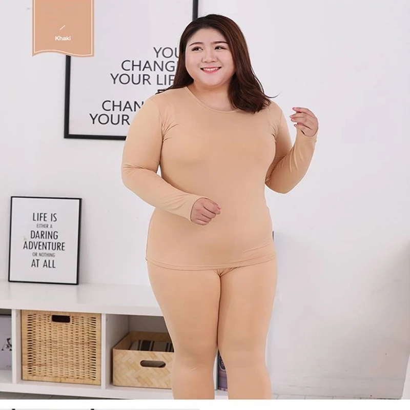 2022 New Women's Thermal Underwear Set Fleece Ladies Plus Fat Warm Women Set Thin Round Neck Over Large Size Thermal Under Wear