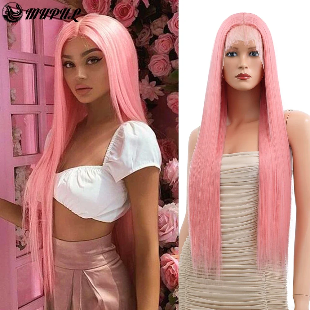 Peluca de cabello sintético para mujer, cabellera de 26 pulgadas con malla Frontal recta, color rosa, resistente al calor, parte en T HD, Perruque Natural