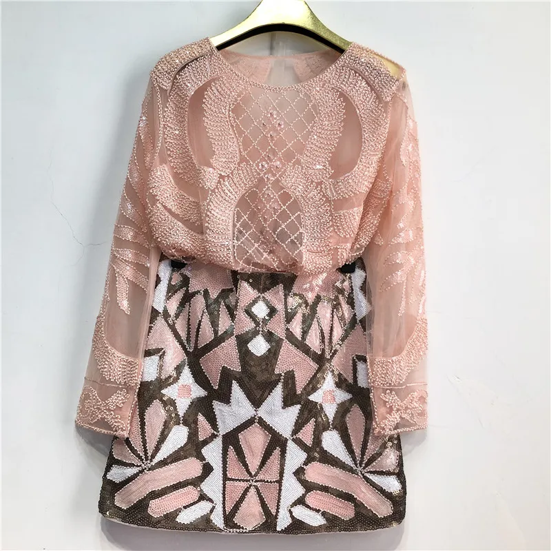 

2 pcs set Women Vintage Pearl Beads Embroidered Flower Sequins Long Sleeve T-shirt+ Geometric Colorblock Beaded Sequin Skirt