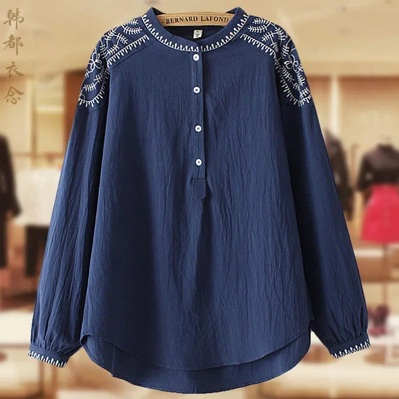 

In Spring Autumn Of 2023 Ladies New Tops Are Fashionable Embroidered With Cotton Linen Plus Size Outwear Joker Pullover Shirts