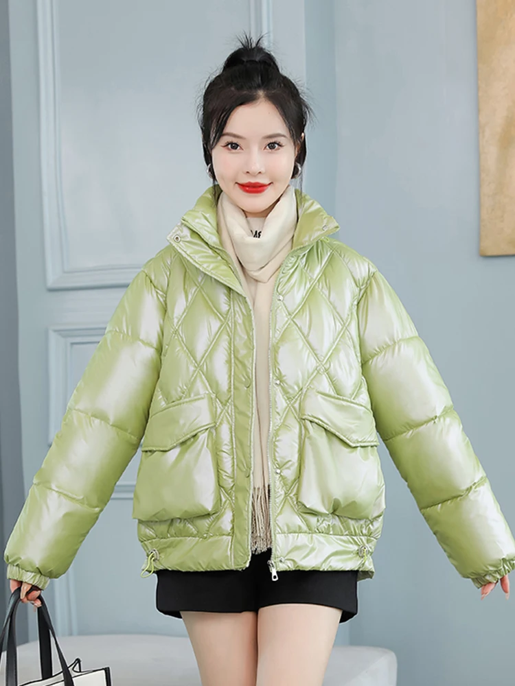 2022 New Hot Women WInter Jacket Bright Shiny Stand Collar Padded Warm Outerwear Coat Parka Solid Green White Black