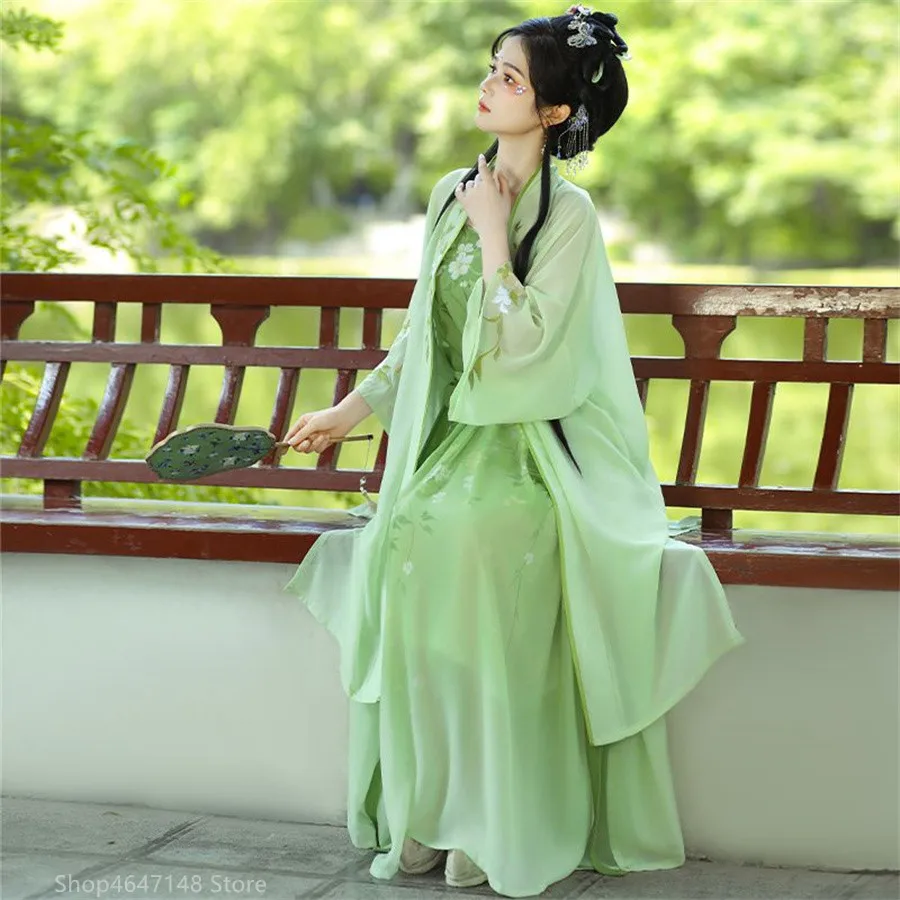 Женское платье Hanfu в китайском традиционном стиле зеленое пол с квадратным