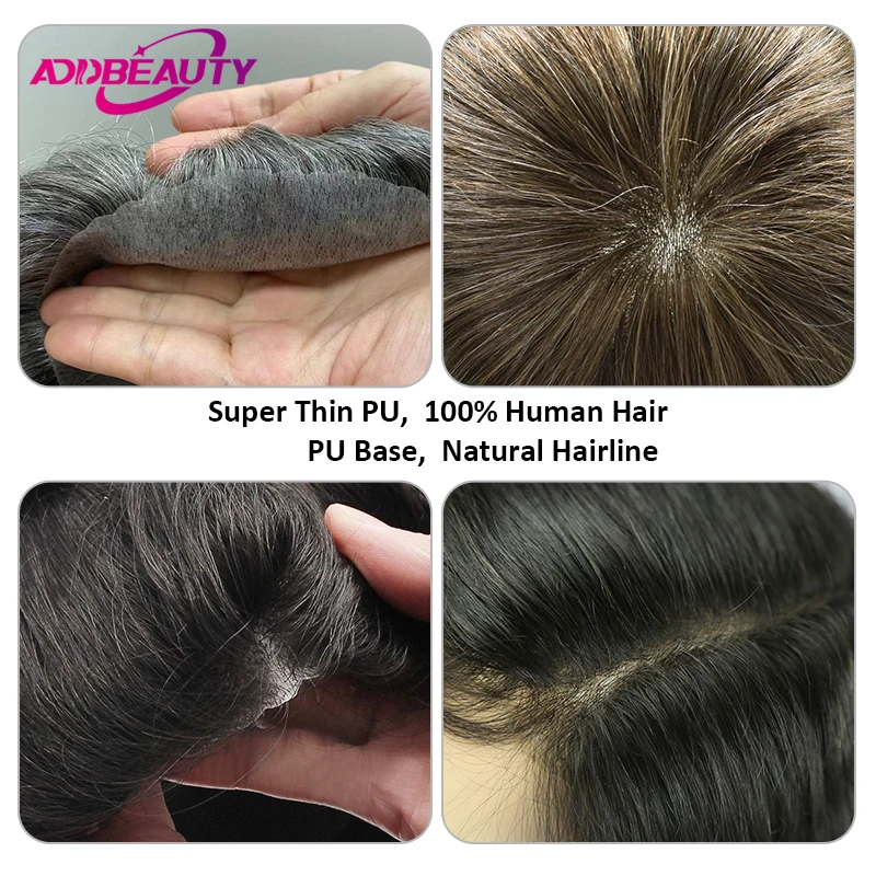 Men's Capillary Prothesis THIN SKIN Full PU 0.04-0.06mm Male Toupee Indian Human Hair Wigs Vloop Natural System Units 130%