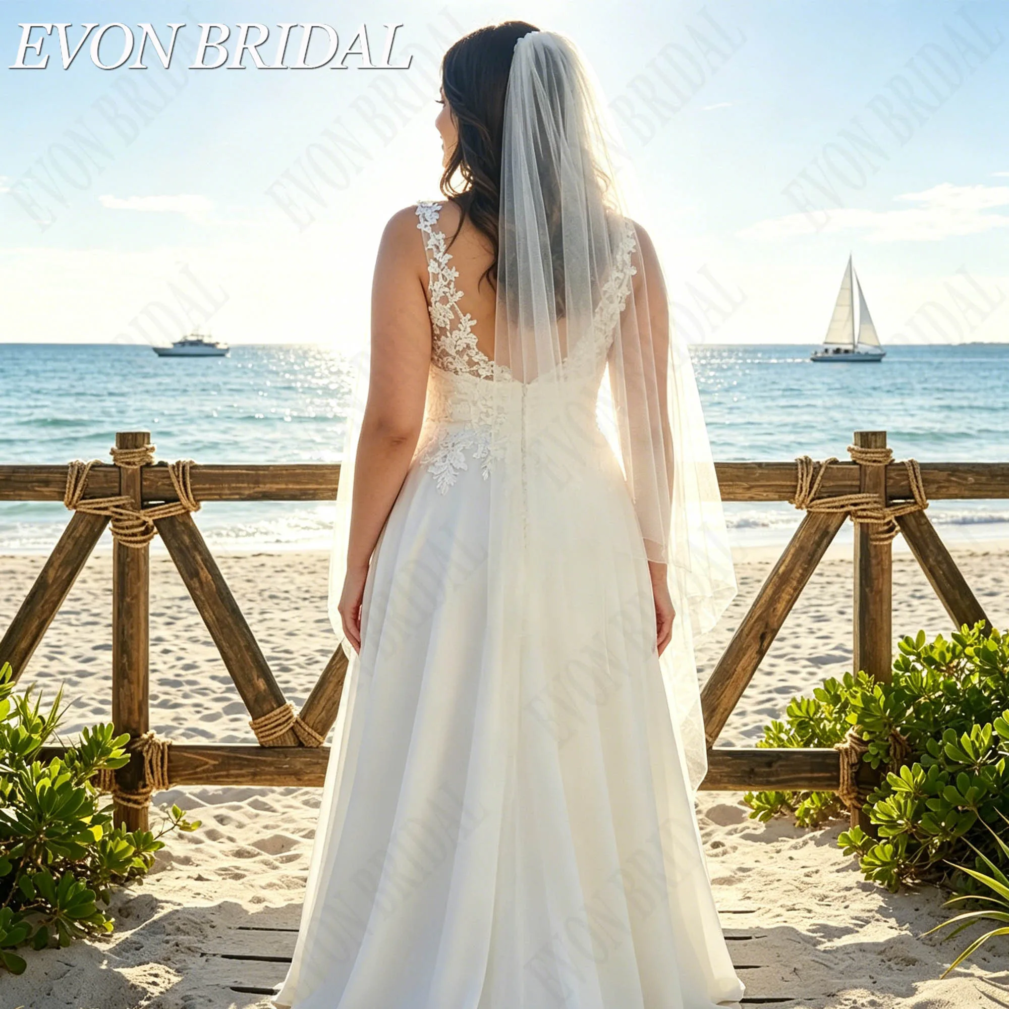 Фото EVON BRIDAL Бохо иллюзия свадебное платье на тонких бретелях, кружевные аппликации, тюлевое свадебное платье с V-образным вырезом силуэт А-лайн, индивидуальное изготовление свадебного платья, мягкий тюль нежное кружево №2