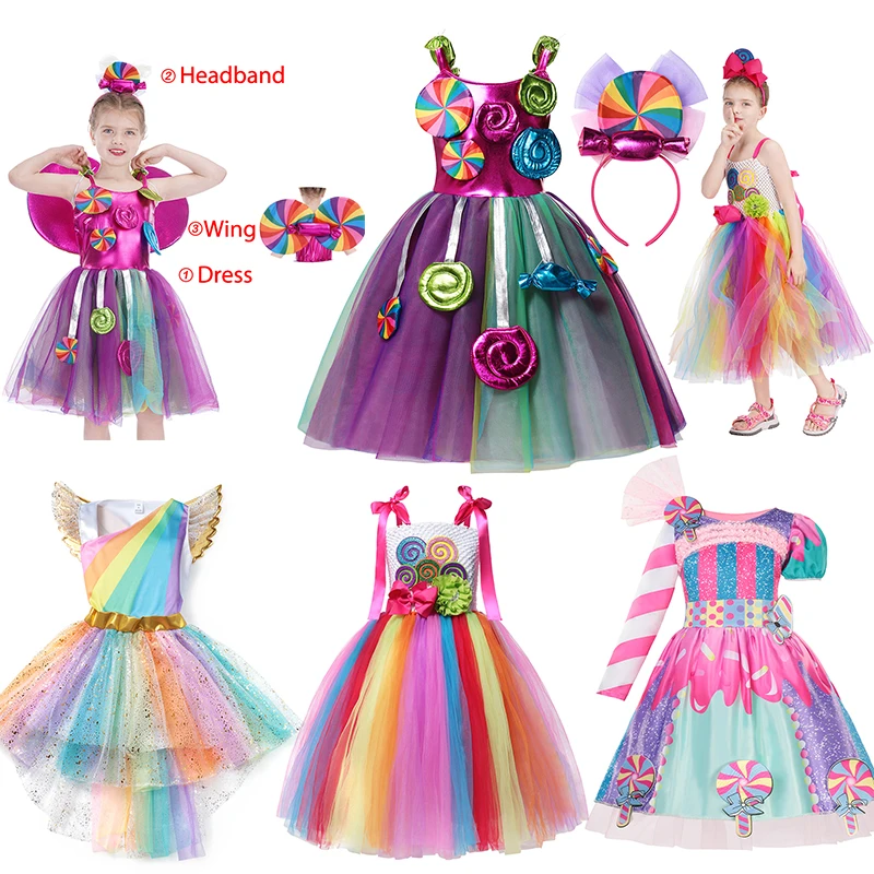 Купи Rainbow Girl Candy Dress With Headband Costume Kids Cosplay Multicolor Tutu Dress For Baby Girls Birthday Patry Children Clothes за 668 рублей в магазине AliExpress