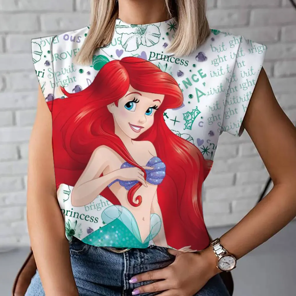 2023 Summer New Harajuku Style Disney Brand Ariel Mermaid Anime Print Sexy Party Women Top Turtleneck Tank Top T-Shirt Y2K