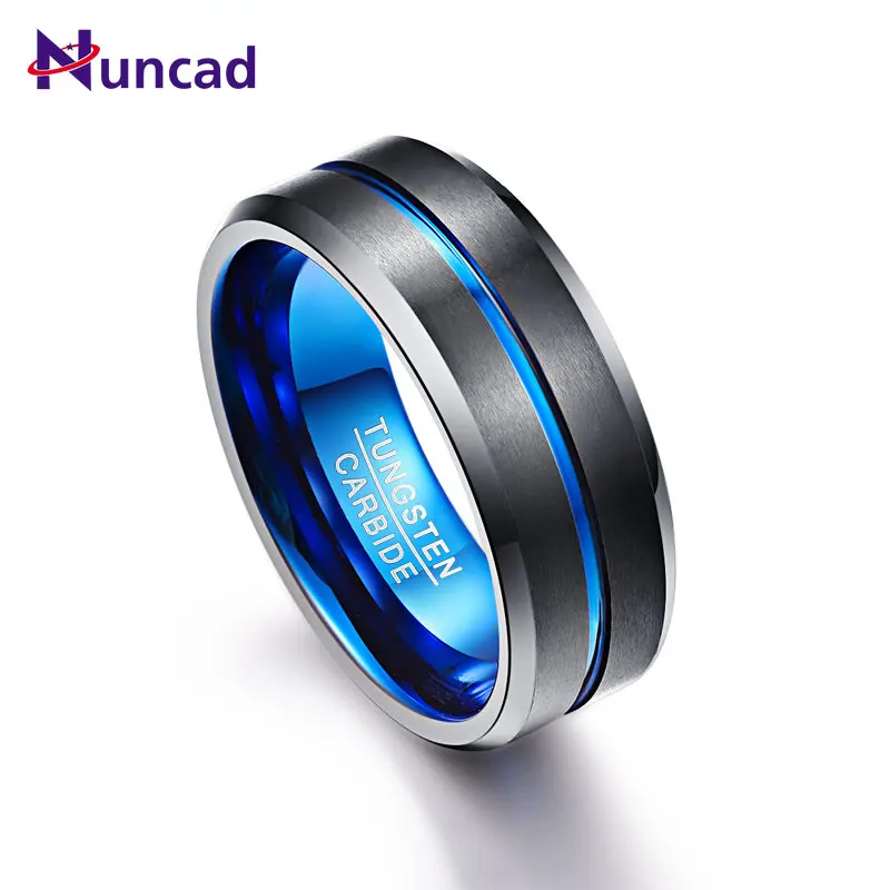 

BONLAVIE Men's 8mm Tungsten Carbide Ring Blue & Black Matte Finish Beveled Edge Wedding Band Size 4 to 17