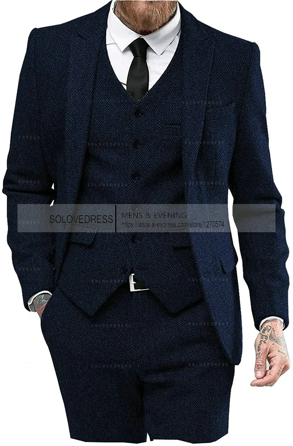 Black Tweed Men Suits 3 Pieces Formal Business Suit Set Custom Gentle-Mens Groom Wedding Dress Blazer Suits(Jacket+Pants+Vest)
