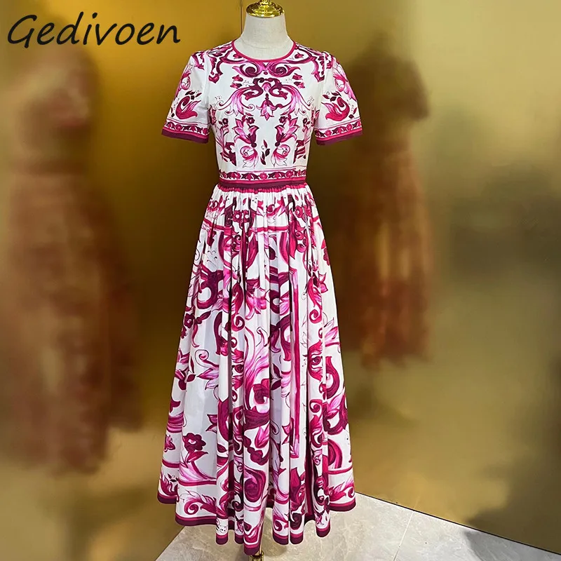

Летнее модное дизайнерское элегантное Хлопковое платье Gedivoen, женские облегающие длинные платья с О-образным вырезом и высокой талией с сафлорным фарфоровым принтом