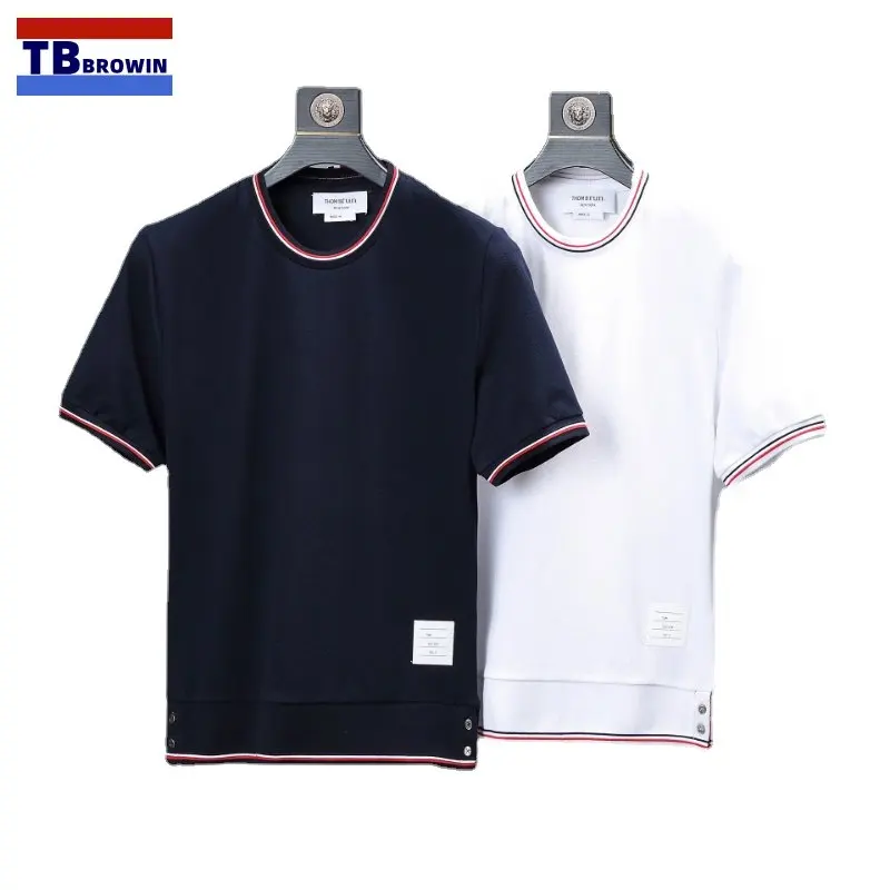 

TB BROWIN Thom Men's Short Sleeve Summer New Fashion Red White Blue Ribbon Stripe Pure Cotton Tees Tops for Men Outdoor Clothing