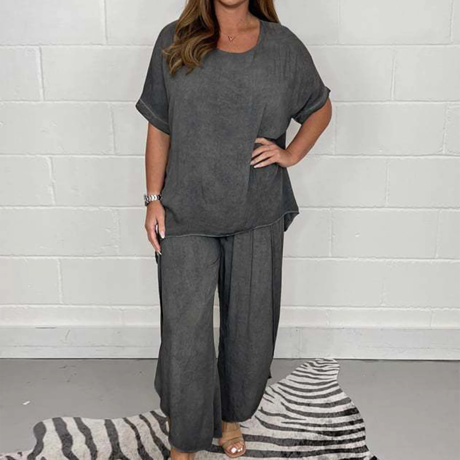 

Ladies Short Sleeve Shirt Long Pants Crew Neck Women T Shirt Top Trousers Loose Fit Side Slit Oversized Vacation Outfit