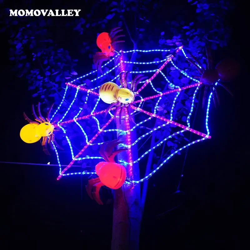 Фото Декоративная паутина с гигантскими светодиодами для Хэллоуина от Momovalley, с металлическим каркасом, для улицы и двора, с меняющимися цветами огнями. №1