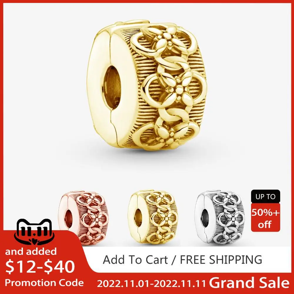 

Advanced Texture 925 Solid Silver Beads Rose Golden Flower Pattern Clip Fit Pandora 925 Original Bracelet Women DIY Jewelry Gift