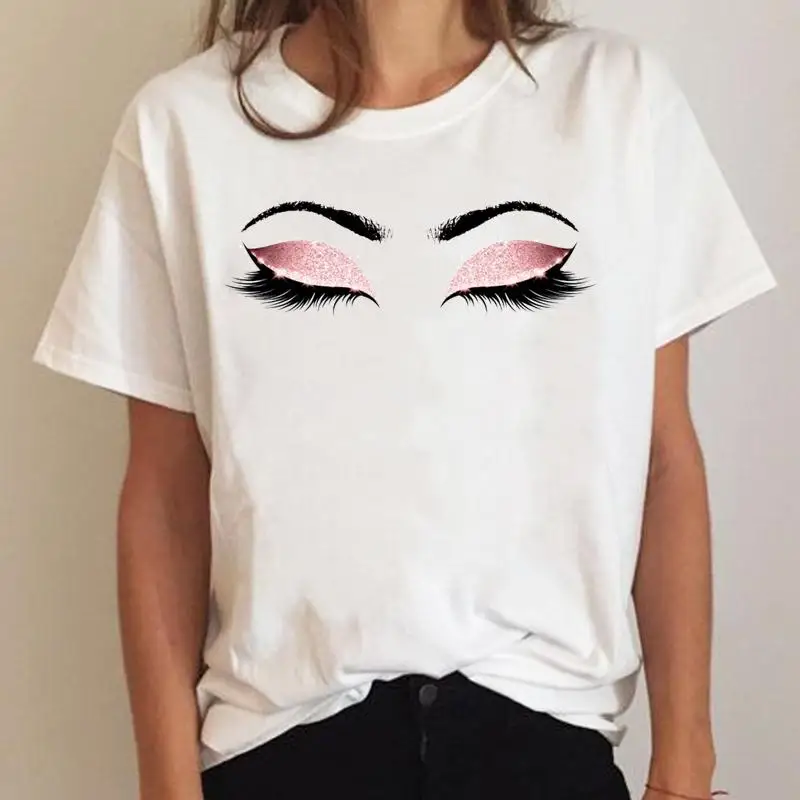 

Женская летняя футболка с коротким рукавом и принтом «ресницы»