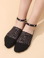 2 pairs of new spring and summer thin lace pearl womens socks deep lace cotton womens boat socks