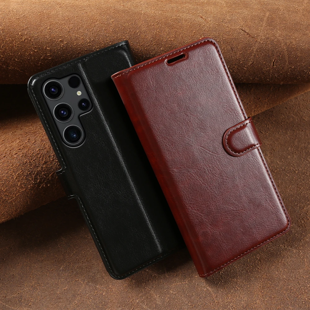 Фото Кожаный чехол-флип Crazy Horse для Samsung Galaxy S26 Ultra S25 Plus S24 FE S23 S22 S21 S20, чехол для телефона S26 Ultra Coque №2