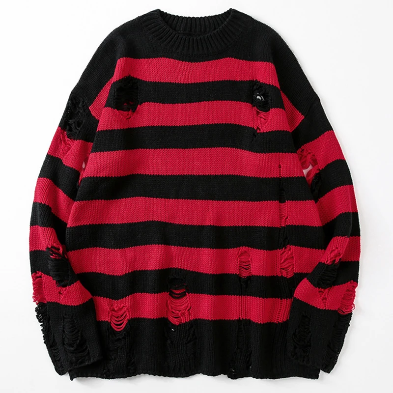 

Striped Sweaters Women Punk Unisex Sweater Autumn Hollow Out Hole Broken Jumper Loose Oversized Pullouvers Harajuku Streetwear
