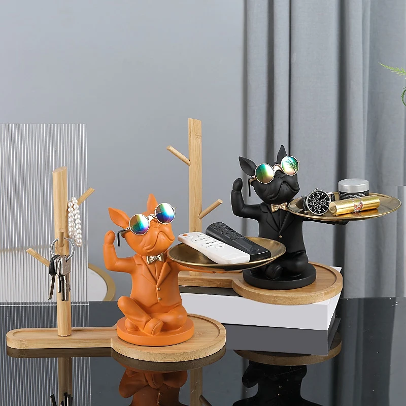 

Фигурки животных бульдога, французский бульдог, дворец, Скандинавская резиновая скульптура собаки, настольные украшения, поднос для хранен...