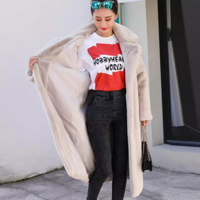 New in Women High Quality Faux Rabbit Fur Coat Luxury Long Fur Coat Loose Lapel OverCoat Thick Warm Plus Size Female Plush Coats