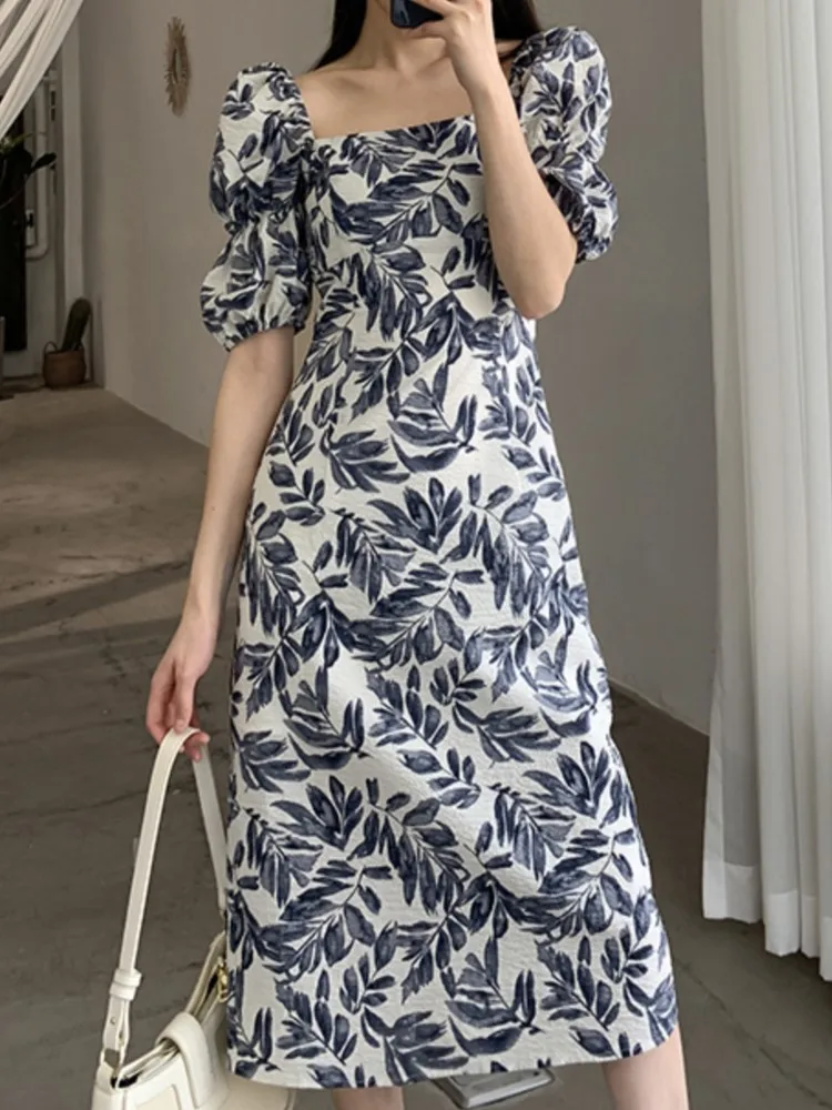 

Women's Summer Elegant Floral Print Midi Dress Puff Sleeve Casual Bodycon Slim Party Vestidos Female Fashion Maxi Clothes Robe