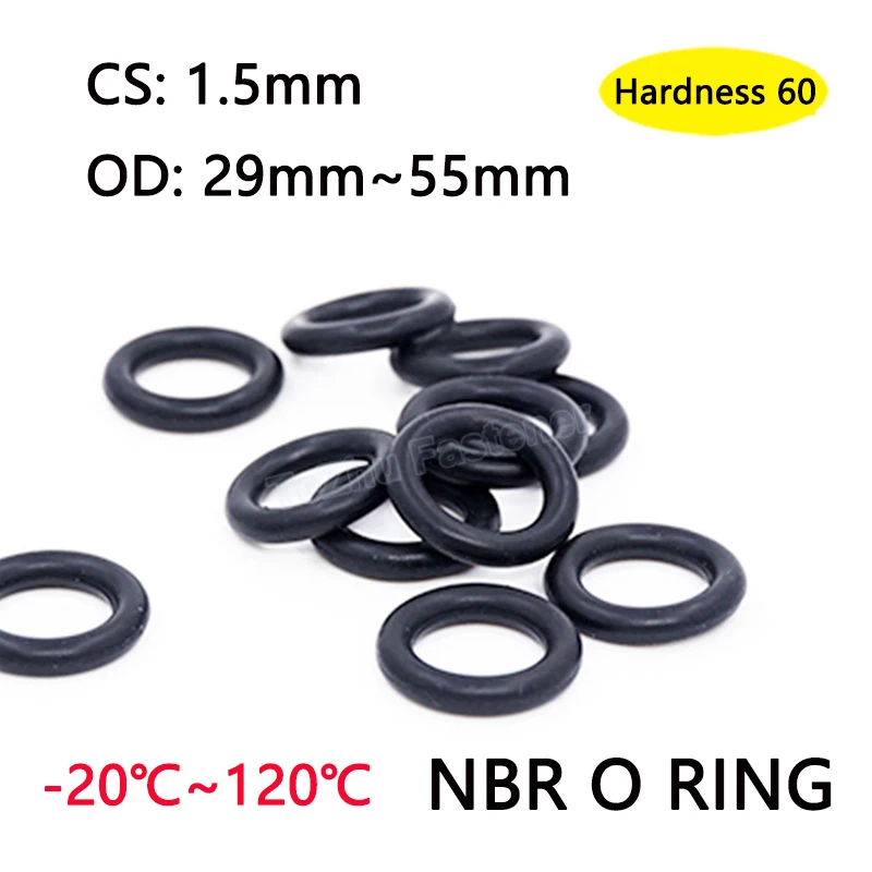 

50pcs Nitrile Rubber O Ring Seal Gasket Thickness CS 1.5mm OD 29mm-55mm NBR O-Ring Spacer Oil Resistant Washer Black Hardness 60
