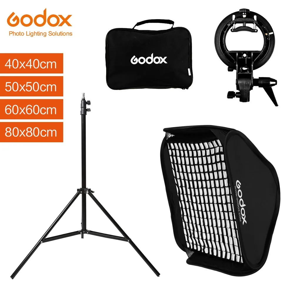 

Godox 40cm 50cm 60cm 80cm Flash Speedlite Square Softbox + S type Bracket Bowens Mount + Honeycomb Grid Kit with 2m Light Stand