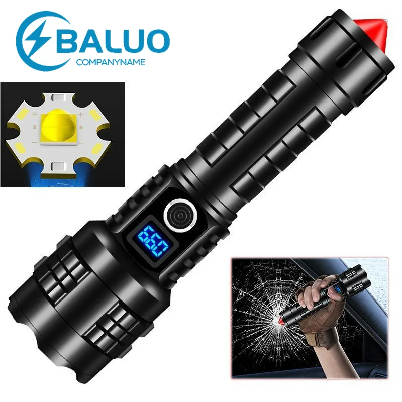 Powerful Flashlight with Safety Hammer XHP70 LED Display Lantern Torch for Car Windows Breaker,Emergency,Camping,Self defense